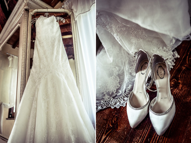 Pronovias, strapless lace wedding dress | White and silver bridal shoes| Morgan and James Real Wedding By Infinity Weddings | Confetti.co.uk