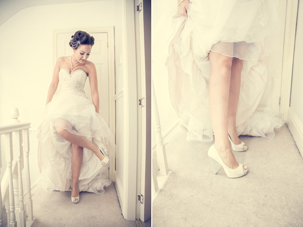  Bride in her white pep toe bridal shoes with silver detailed heel | Becki and Rob’s Real Wedding By Jenny Martin Photography | Confetti.co.uk