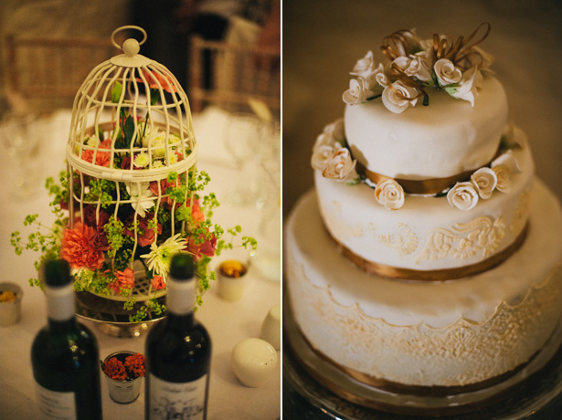 White birdcage with vivid flowers centrepiece | 3 Tier ivory wedding cake | Francesca & Arun's Fusion Real Wedding | Confetti.co.uk  