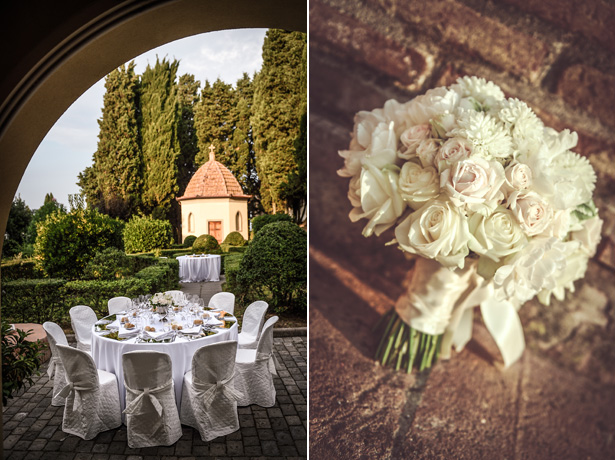 White wedding table decor | Wedding reception at Villa Bucciano , Tuscany |Ivory and pick rose bridal bouquet | Morgan and James Real Wedding By Infinity Weddings | Confetti.co.uk