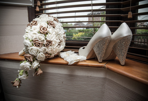 Foam white and brown rose bridal bouquet | White bridal shoes with detailed heel| Lace ‘Mrs’ white garter| Becki and Rob’s Real Wedding By Jenny Martin Photography | Confetti.co.uk