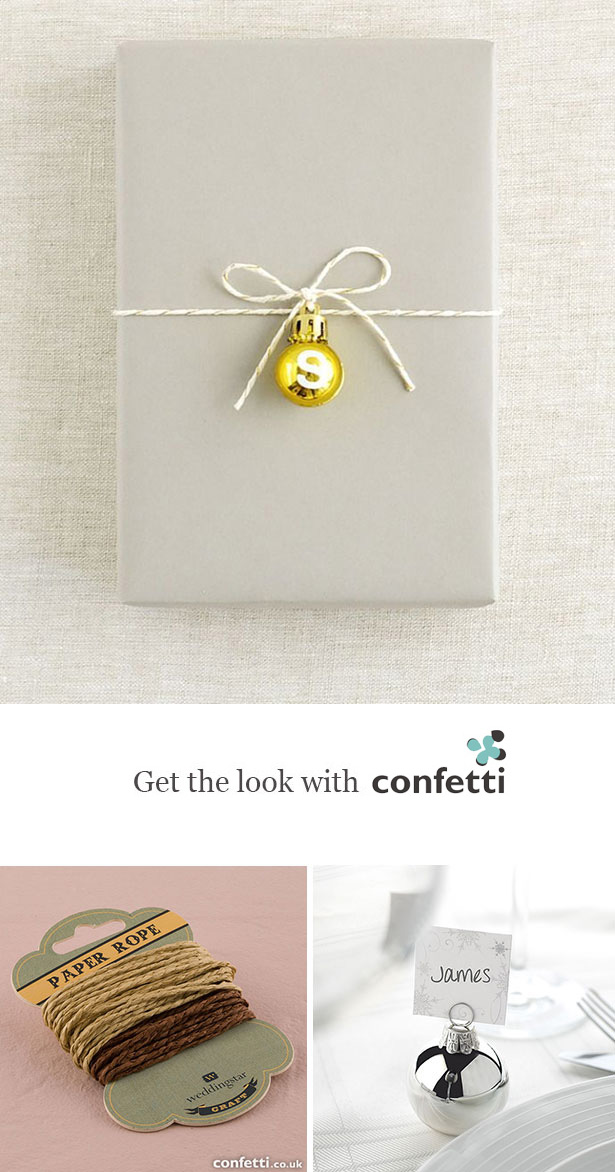 Creative gift wrapping |Gift decorated with a gold bauble and twine | Confetti.co.uk