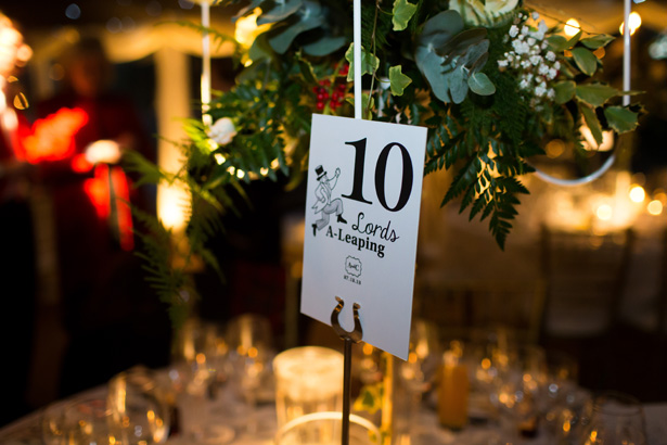 Christmas themed wedding table numbers | Abigail and Chris's Real Christmas Wedding | Confetti.co.uk 