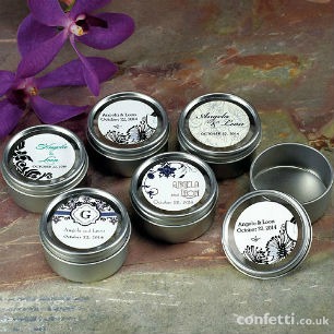 Round tins with personalised stickers | Confetti.co.uk