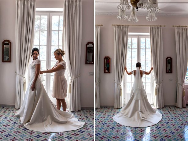 Bridesmaid helping the bride with her dress | Wedding moments you want to capture | Leanne and Chris's Real Italian Wedding | Confetti.co.uk