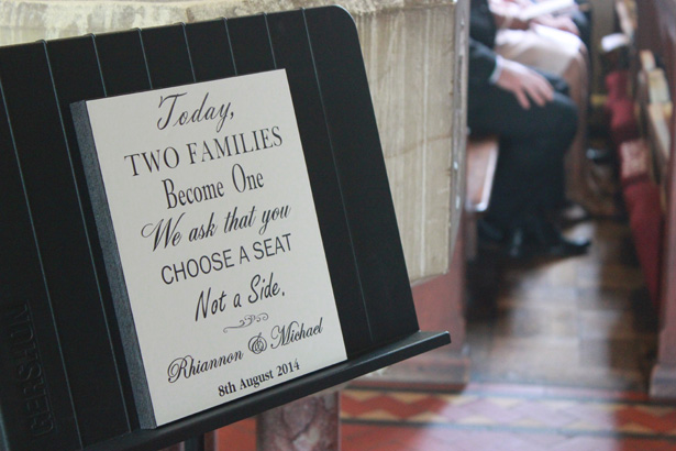 Today two families become one. We ask that you choose a seat, not a side | Purple themed wedding| Rhiannon & Michael's Real Wedding | Confetti.co.uk