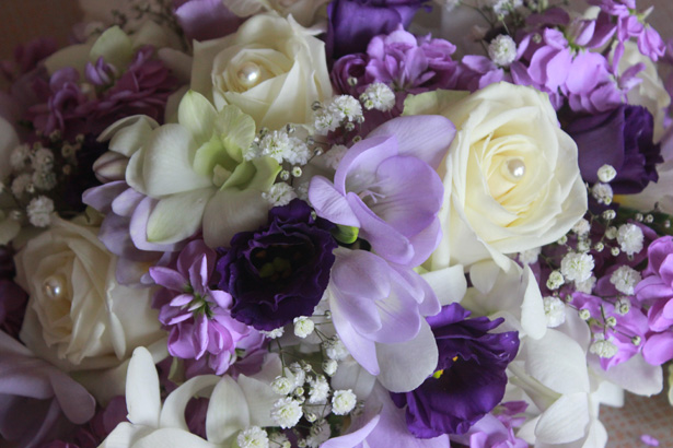 Dark purple, lavender and white bridal bouquet | Purple bouquet idea | Rhiannon & Michael's Real Wedding | Confetti.co.uk