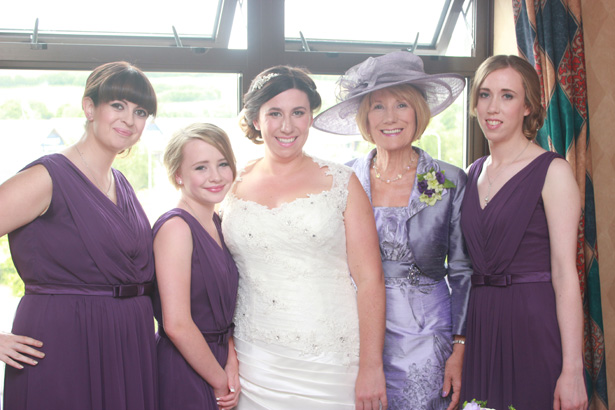 Bride with her 3 bridesmaids and mother | Bridal party in purple | Purple themed wedding| Rhiannon & Michael's Real Wedding | Confetti.co.uk