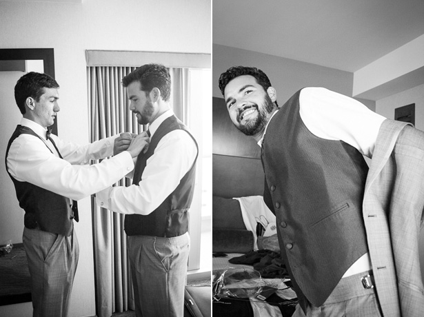 Groomsmen helping the groom get ready  | Crystal & Giampaolo California Real Wedding |Destination Wedding America | Confetti.co.uk 