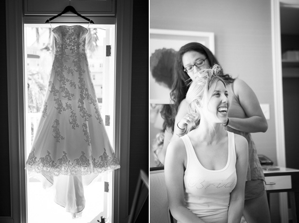 Lace white wedding dress | Bride in a ‘bride’ tank top getting ready for her wedding day | Crystal & Giampaolo California Real Wedding |Destination Wedding America | Confetti.co.uk 