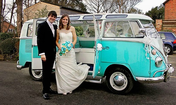 Silk Blooms blue flower bouquet with camper van