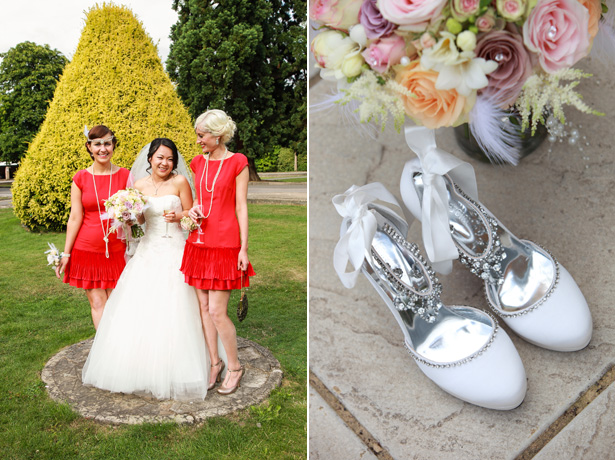 The bride in her Pronovias dress, with her bridesmaids in red flapper style dresses | Shasha and James real wedding | 1920’s Great Gatsby Wedding Confetti.co.uk 