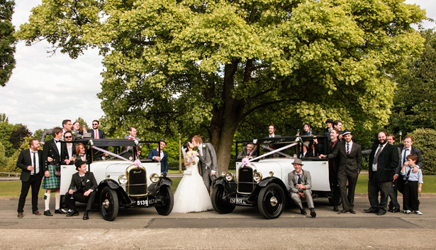  The bride and groom with their bridal party by Momentous Photography Ltd | Shasha and James real wedding | 1920’s Great Gatsby Wedding Confetti.co.uk 