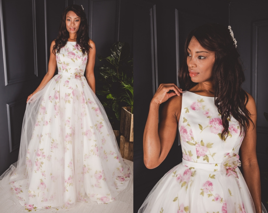 Blush floral wedding dress best sale