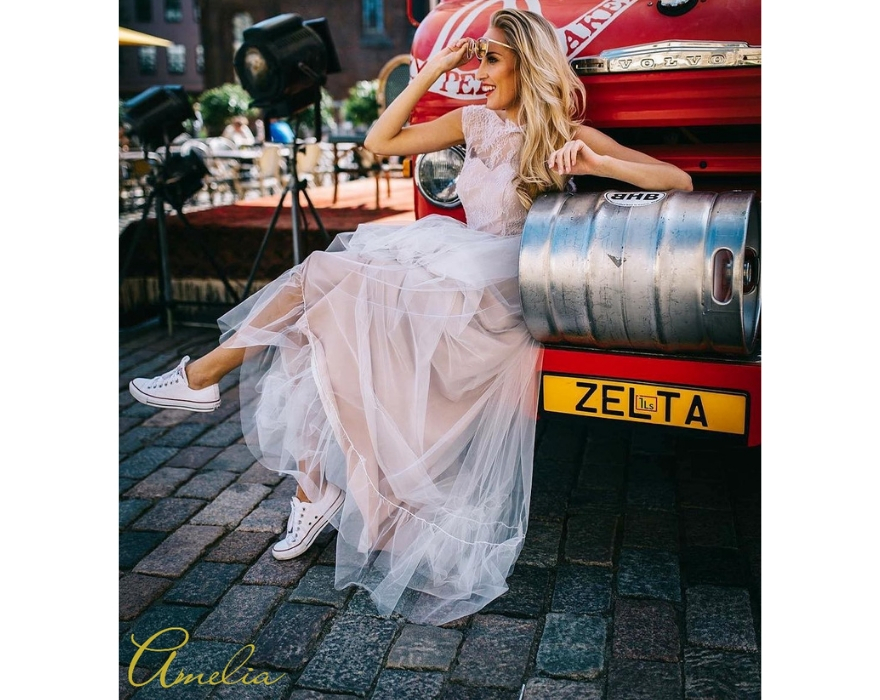 Floaty pink wedding dress