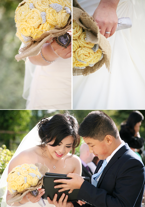 Yellow and grey woven wedding boutquet | Wedding bouquet alternative | Sophie & Chris's real wedding | Confetti.co.uk