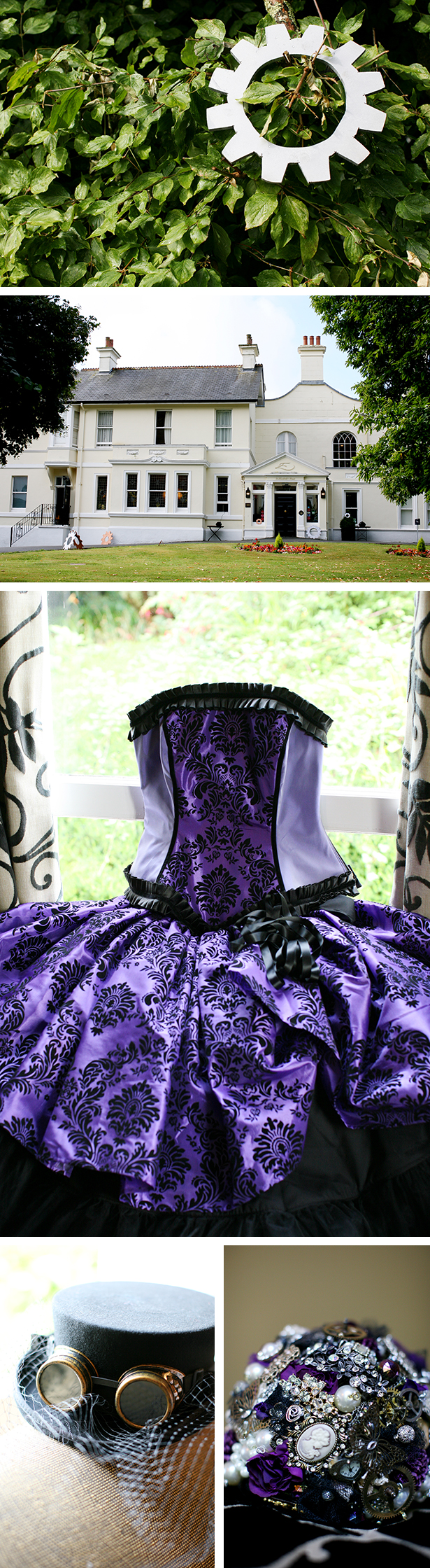 Bride getting ready | Purple damask print wedding dress| Evita and David’s steam punk wedding | Confetti.co.uk