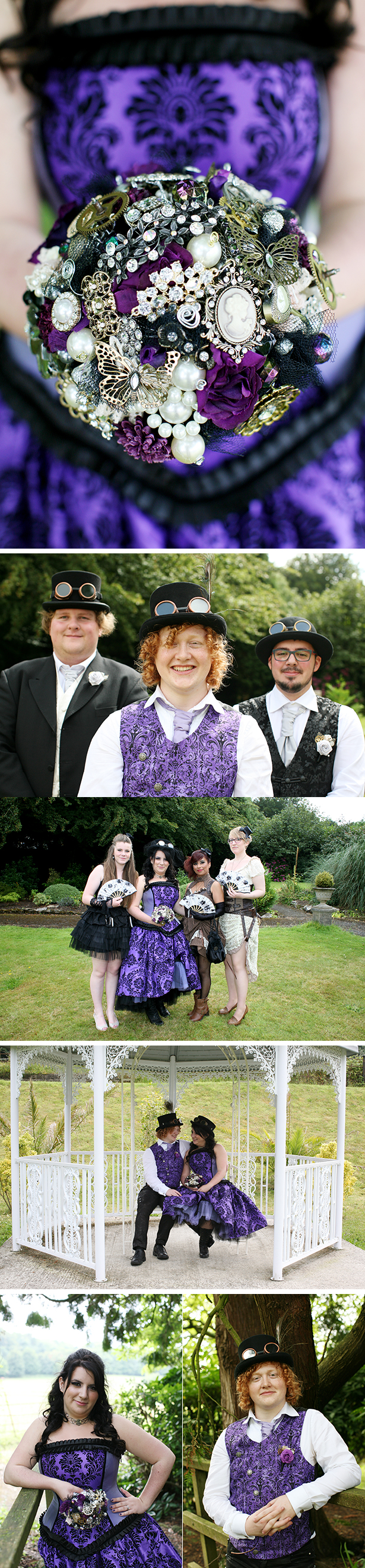 Purple brooch bridal bouquet | Evita and David’s steam punk wedding | Confetti.co.uk