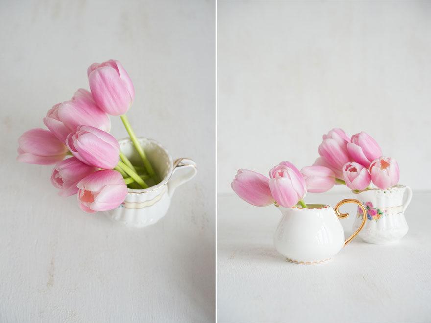 Pretty Pink Spring Tulips in Vintage Mini Milk Jugs | Confetti.co.uk