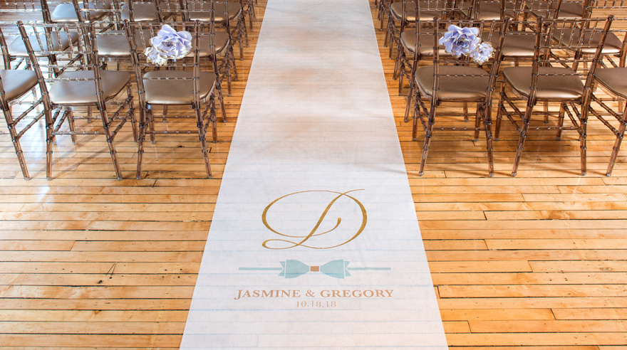 Blue and Gold Glitz And Glam Aisle Runner with Pretty Bow and Personalisation - City Chic Wedding Inspiration | Confetti.co.uk