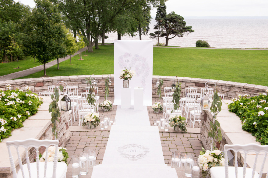 Green and White Classic Wedding with Stepped Wedding Aisle and Monogram Aisle Runner | Confetti.co.uk