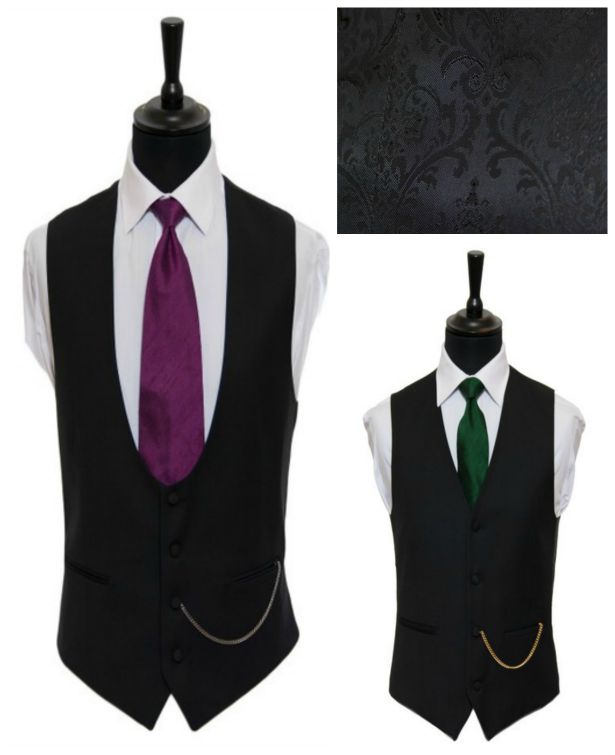 Forest green and purple ties with two styles of black jacquard waistcoats by Hugh Harris | Confetti.co.uk