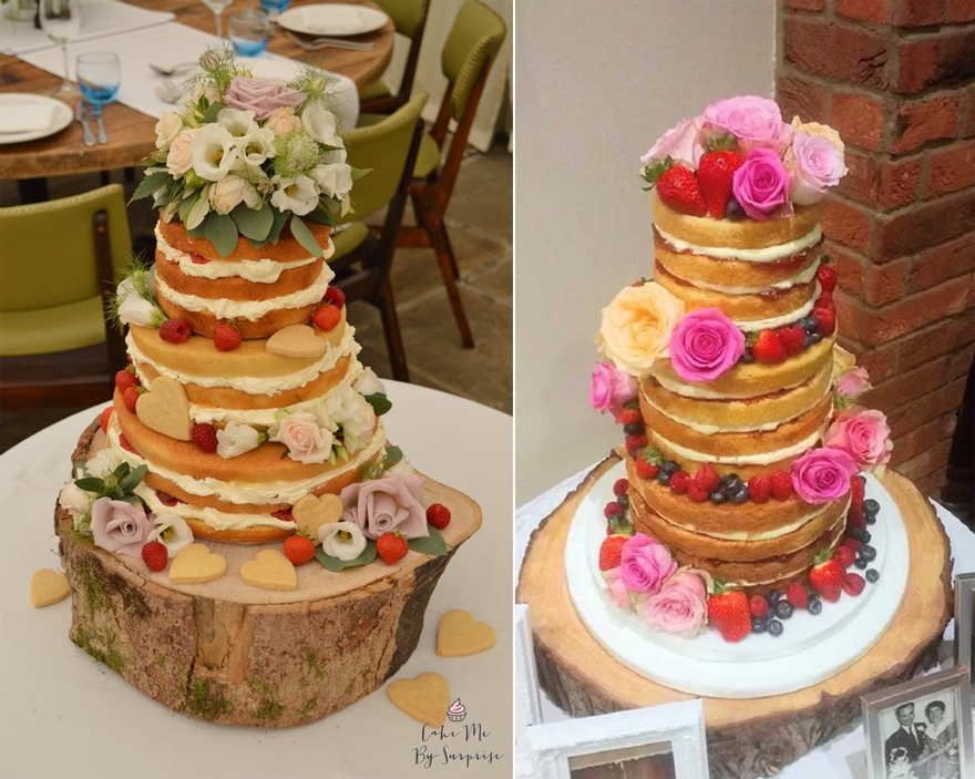 Romantic Naked Wedding Cake by Cake Me by Surprise and Naked Cake with Fruits and Flowers by Amazing Grace Cakes | Confetti.co.uk