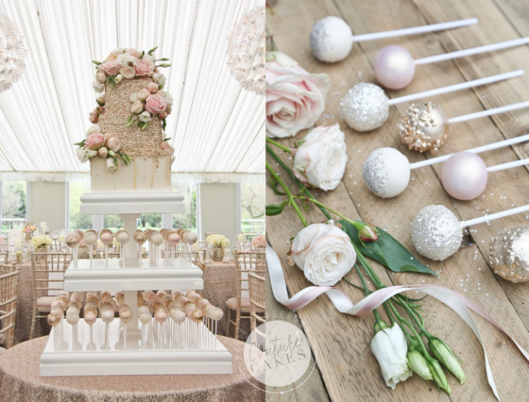 pink and rose gold wedding cake with cake pops