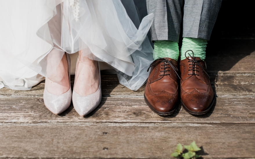 bride in new wedding shoes