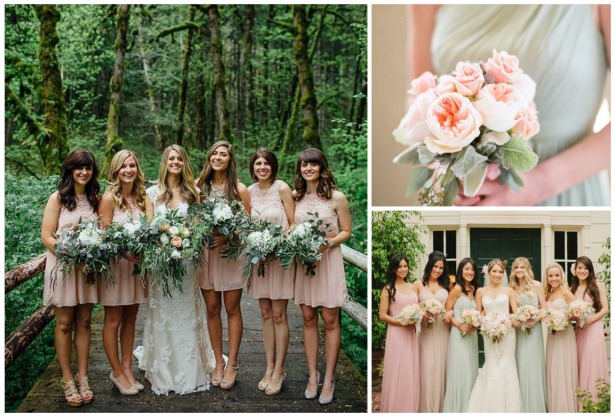 Pink bridesmaids with green | Confetti.co.uk