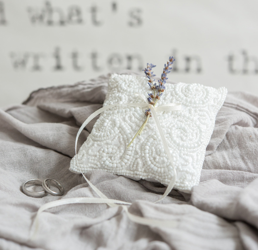 Elegant Mini White Beaded Wedding Ring Cushion | Confetti.co.uk