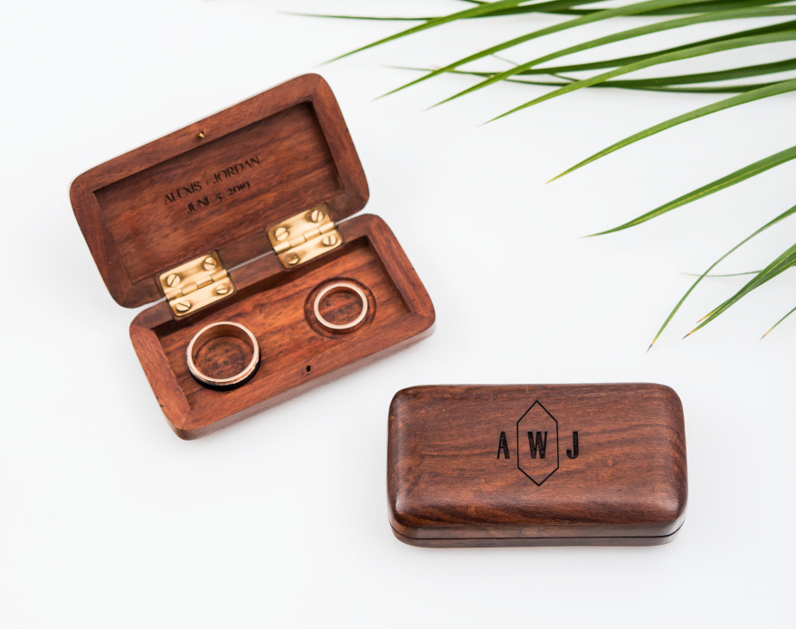 Modern Wedding Ring Box Ideas - Pocket Size Wooden Wedding Ring Box with Geo Monogram Etching | Confetti.co.uk