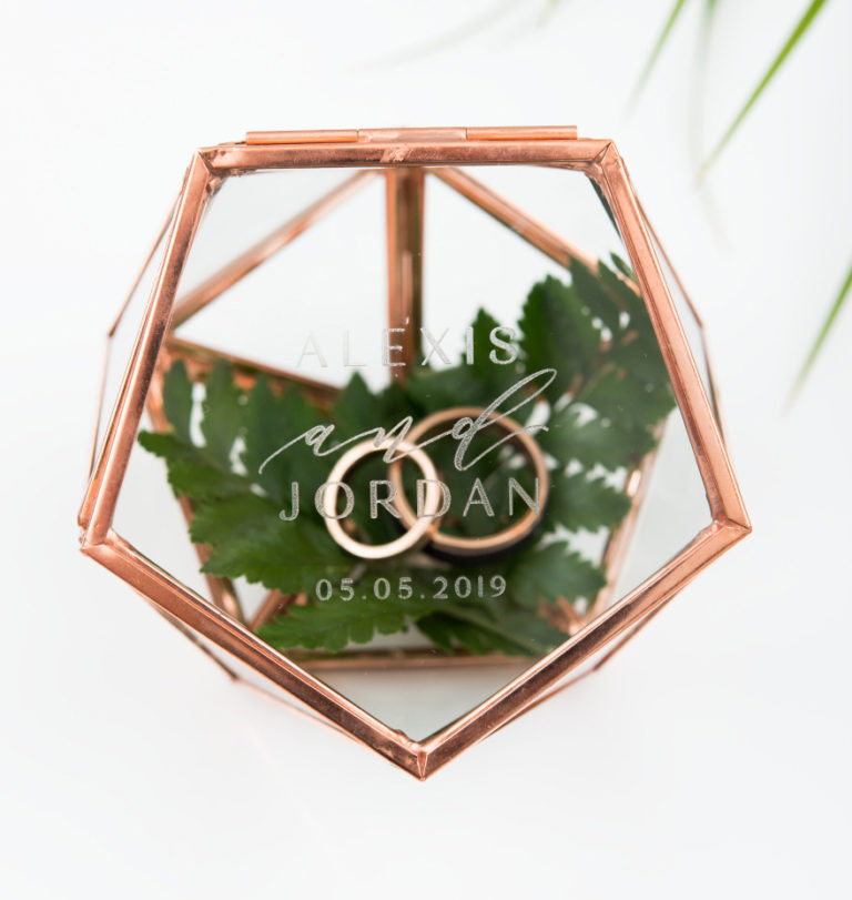 Rose Gold Ring Box Glass Geometric Terrarium with Decorative Greenery | Confetti.co.uk