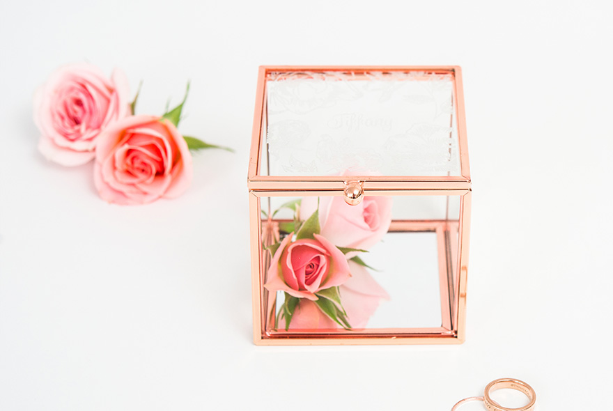 Small Glass and Rose Gold Ring Box Keepsake Box and Jewellery Box - Modern Floral Print | Confetti.co.uk