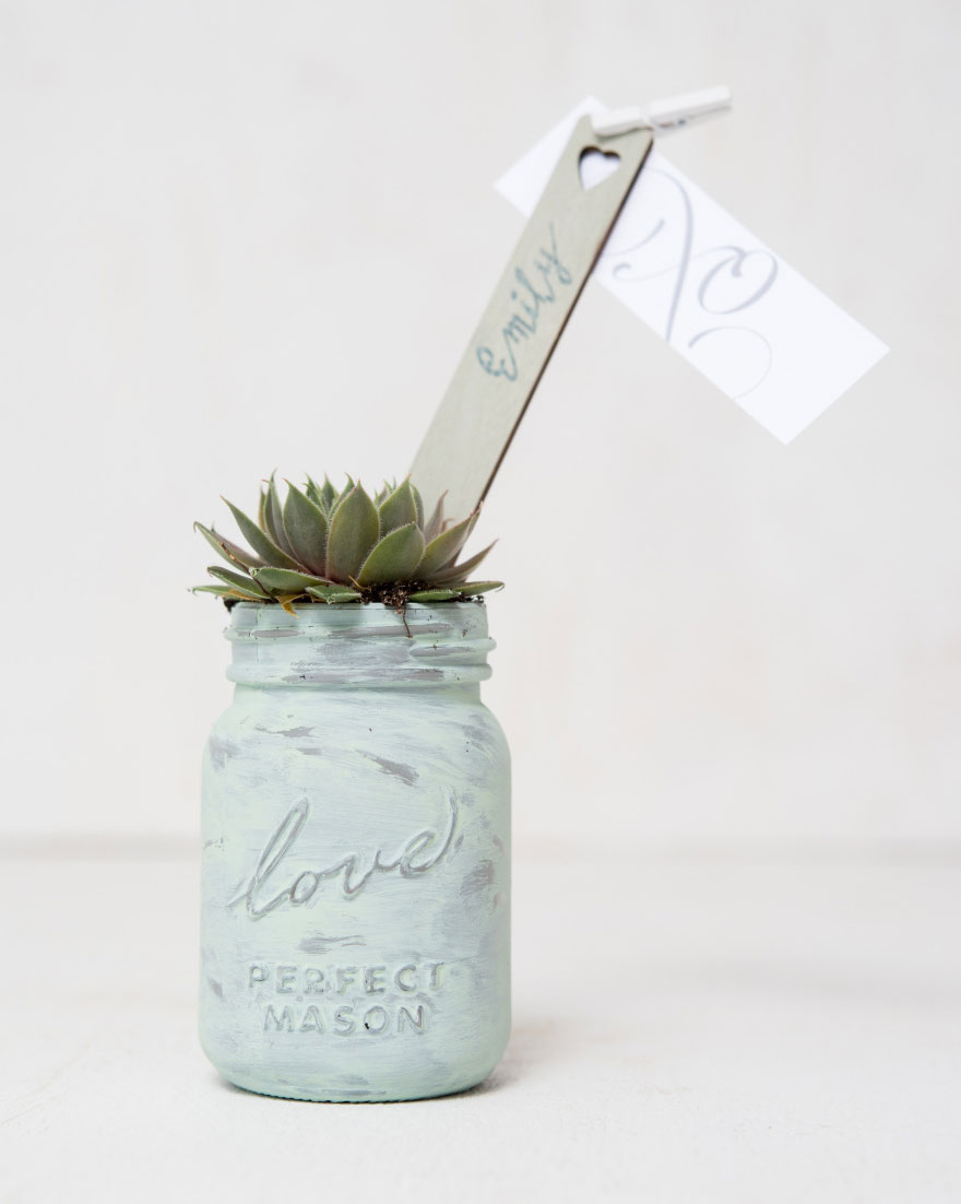 Mason Jar Favours with Planted Succulents and Wooden Stake