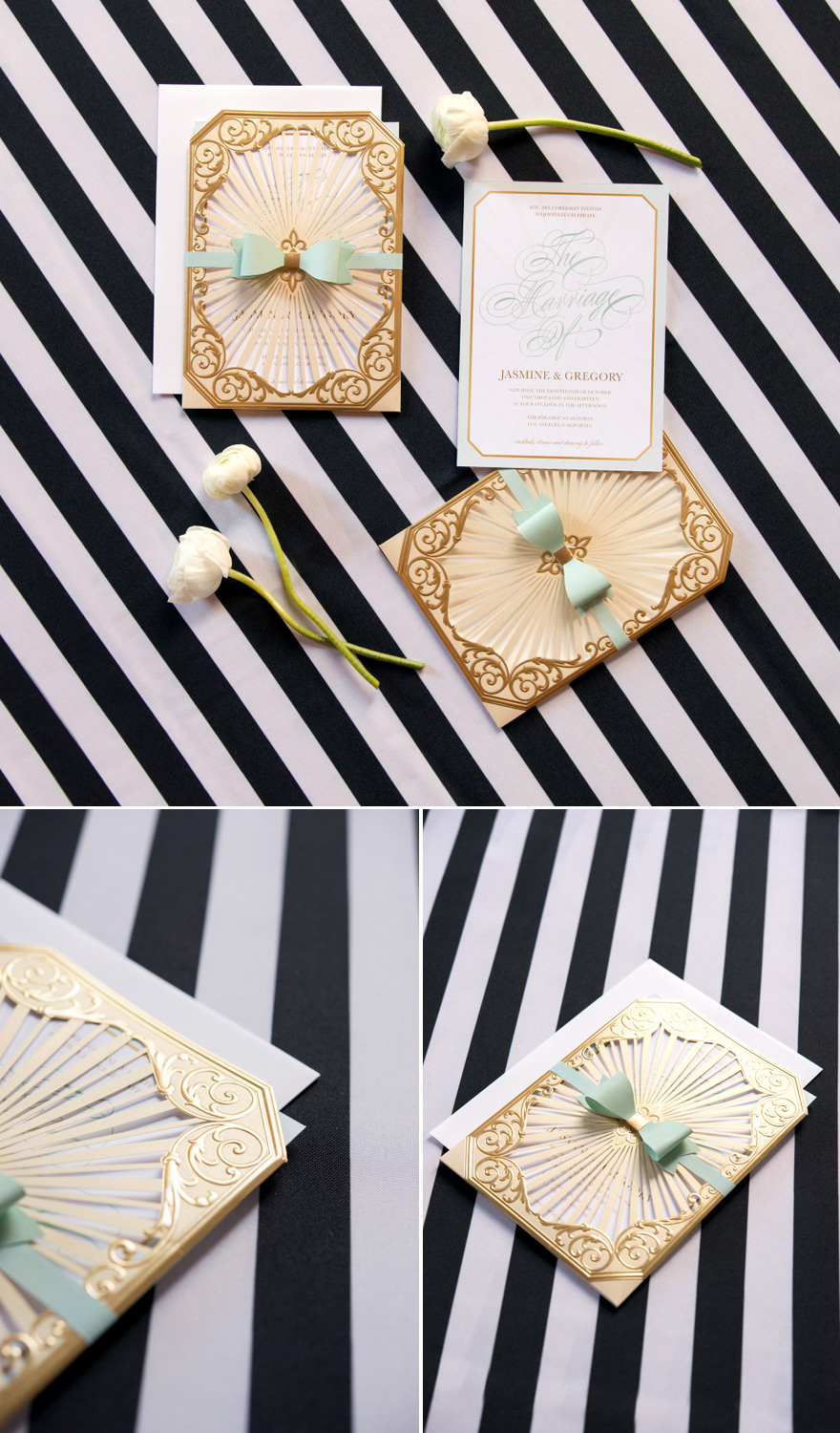 Black and Gold and Mint Green DIY Wedding Stationery with Stripes and Bows Accents | Confetti.co.uk