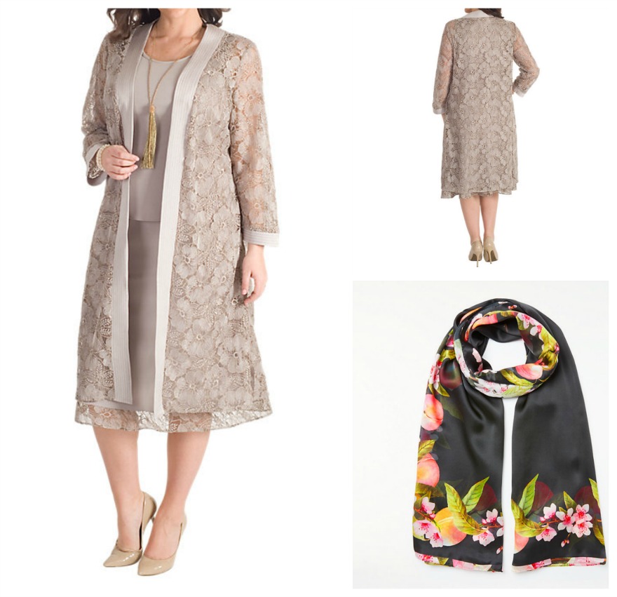 Embroidered lace coat in mink and Ted Baker peach blossom silk scarf at John Lewis | Confetti.co.uk