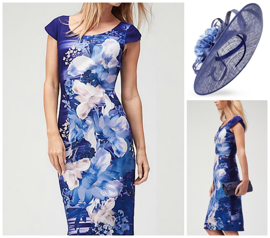 Magnolia print dress and Sapphire fascinator, both by Jaques Vert | Confetti.co.uk