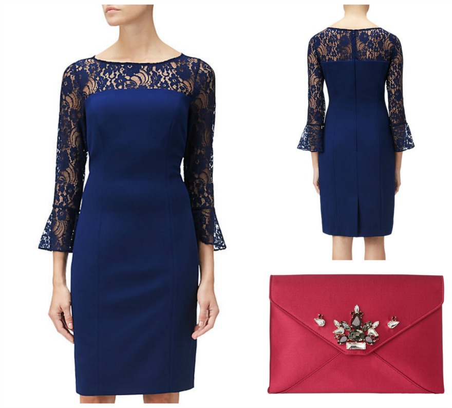 Crepe and lace sheath dress with LK Bennett clutch bag, both at John Lewis | Confetti.co.uk