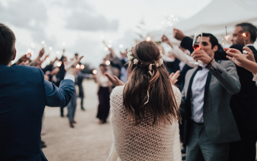 couple outside wedding 