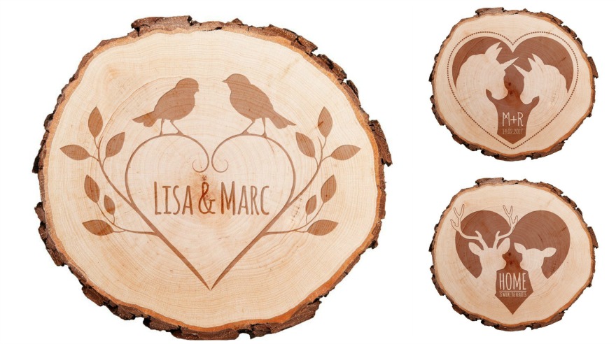 Woodland wedding ideas engraved wood slice | Confetti.co.uk