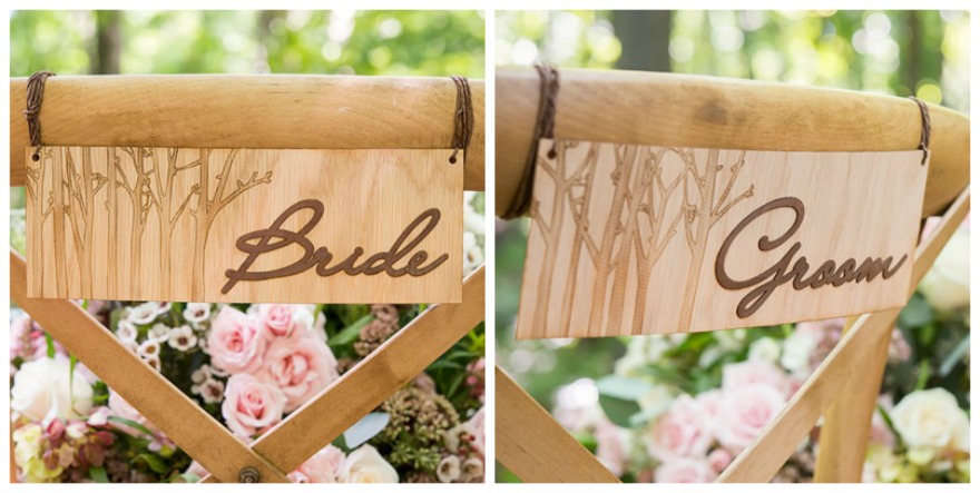 Woodland bride and groom chair markers | Confett.co.uk