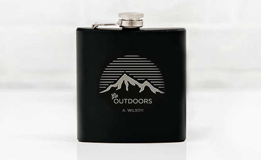 Father of the Bride gifts Go Outdoors etched black hip flask | Confetti.co.uk