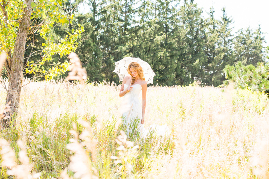 Bride in Summer Meadow - Bride with Vintage Lace Parasol - Romantic Wedding Readings From Movies | Confetti.co.uk