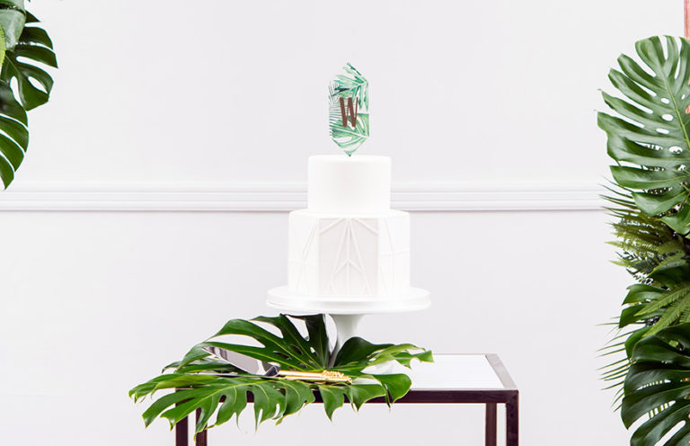 Greenery Floating Monogram Acrylic Cake Topper - Contemporary Leaves Wedding Theme - Greenery Wedding - Palm Leaves Wedding Cake Topper | Confetti.co.uk