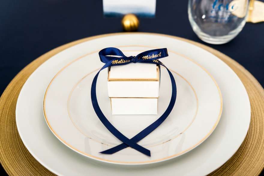 Navy and gold personalised ribbon | Confetti.co.uk