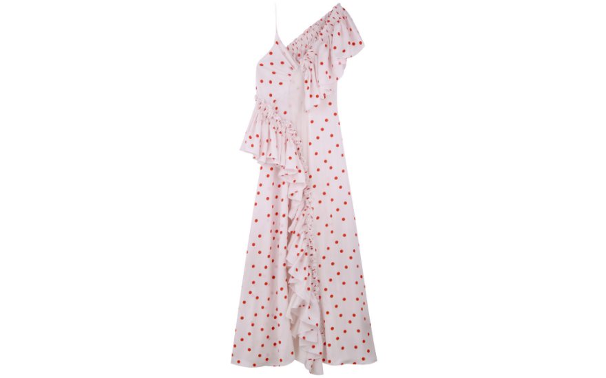 one-shoulder-polka-dot-wedding-guest-dress