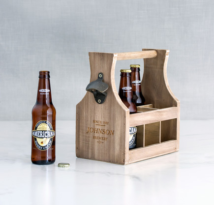 Wood Beer Bottle Caddy With Opener - Brewery Co. Etching | Confetti.co.uk