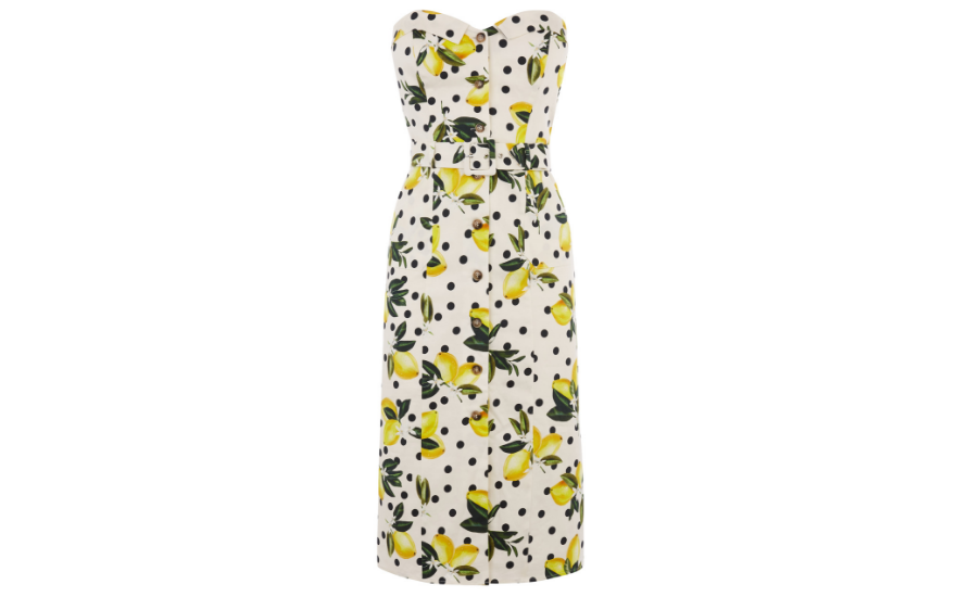 lemon-print-strapless-wedding-guest-dress