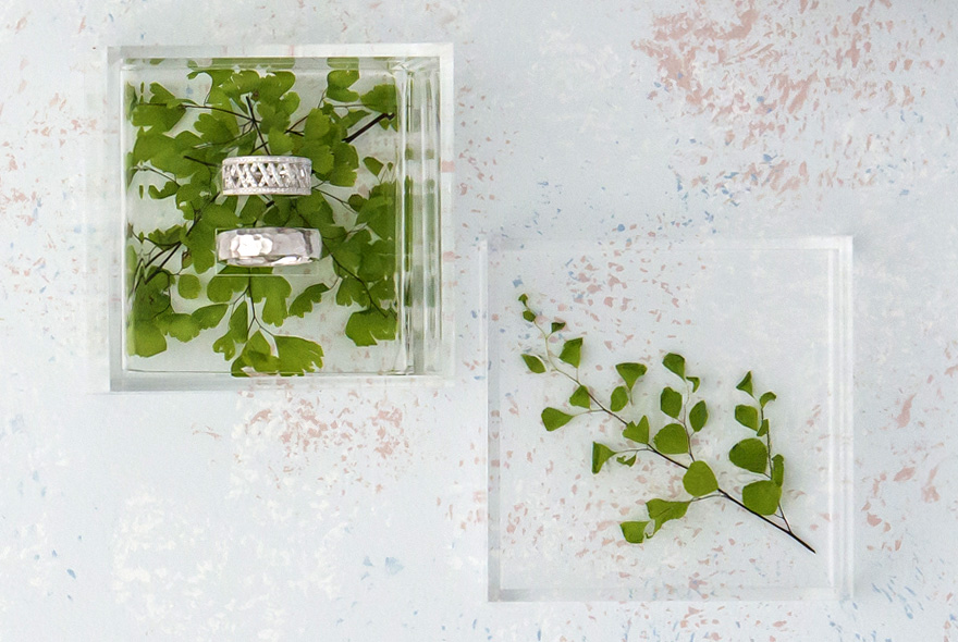 Acrylic Wedding Ring Box - Filled with Maidenhair Fern Cuttings and Silver Wedding Rings | Confetti.co.uk